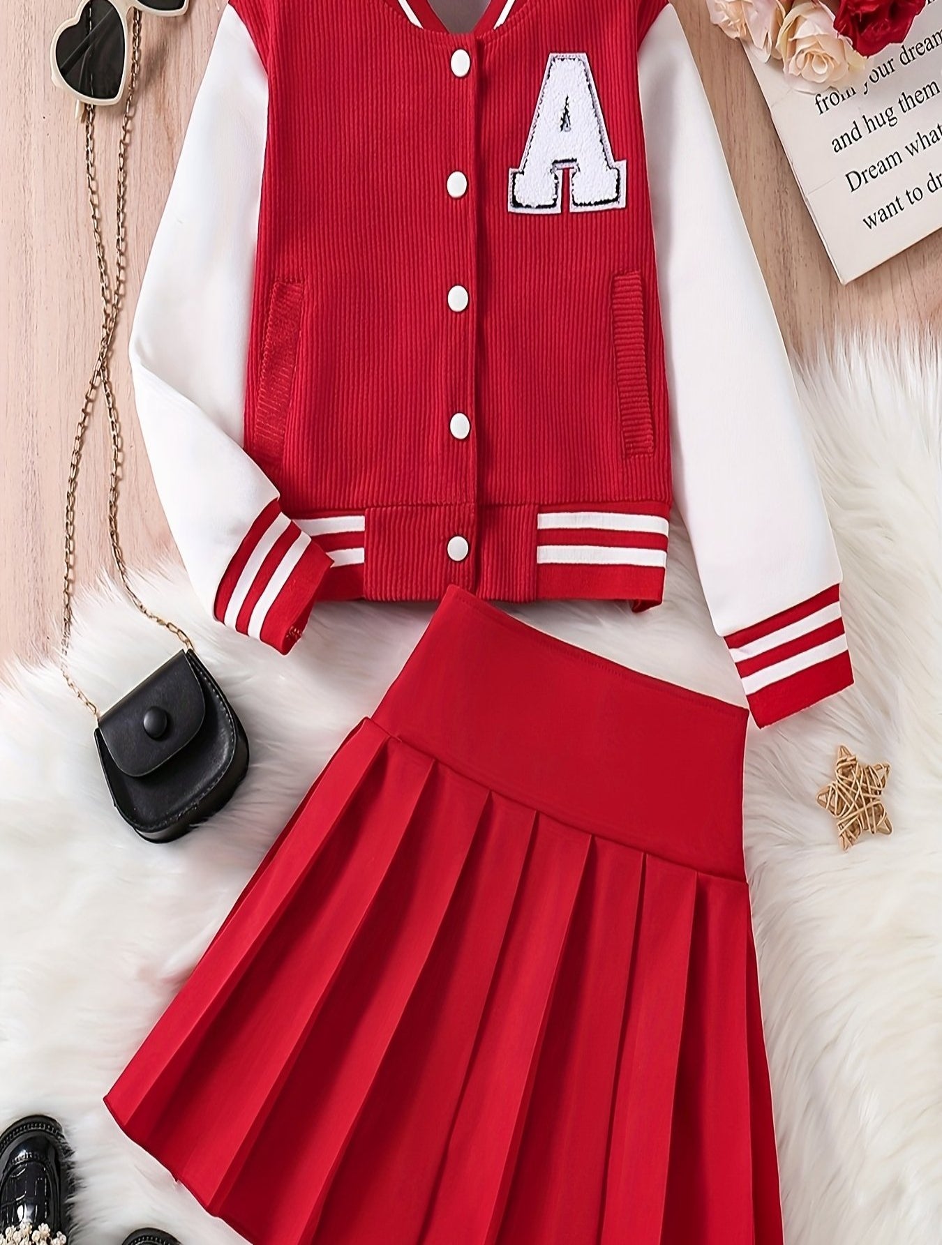 2-in-1 Preppy-Outfit-Set für Frühling/Herbst: Set aus Baseballjacke mit bestickten Buchstaben und Faltenrock – Polyester, V-Ausschnitt, nicht dehnbar, lockere Passform, gewebt