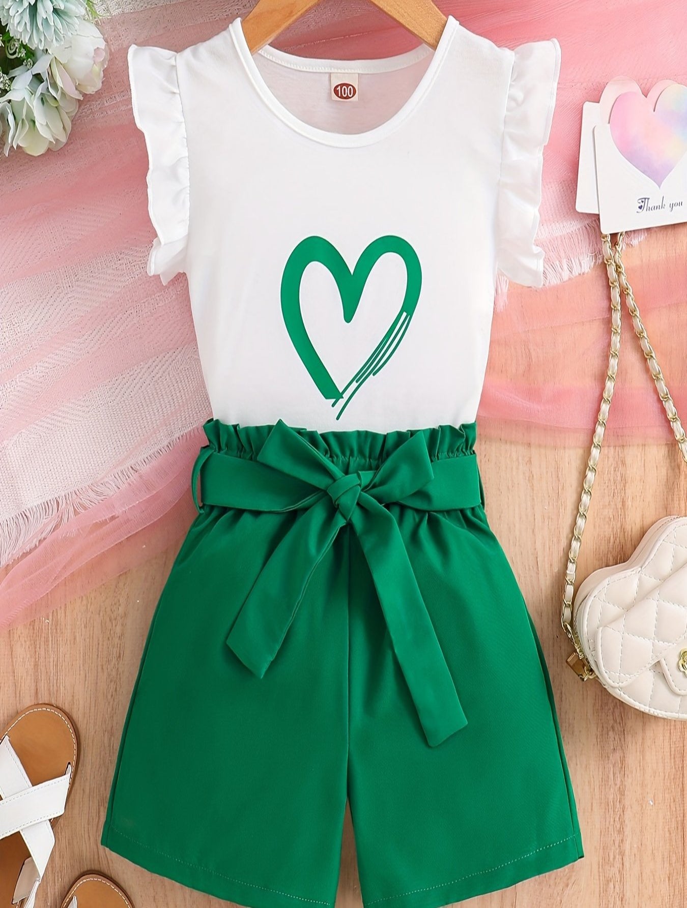 2-teiliges Set für Mädchen, lässig, lässig, mit Herz-Print, Rundhalsausschnitt, ärmelloses Oberteil und Shorts mit Gürtel und Schleife, Sommer Kleidung für Kinder