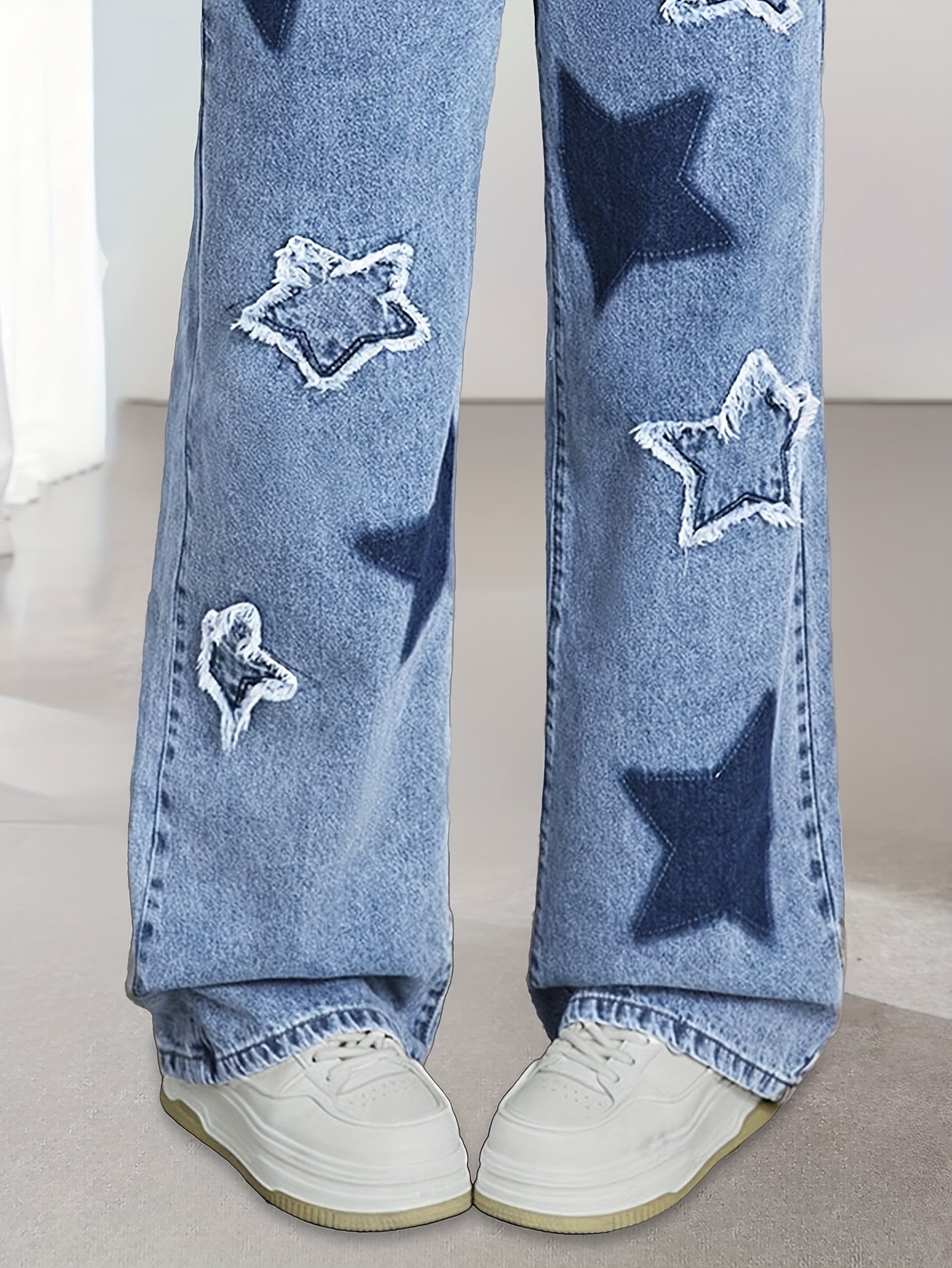 Schicke Jeans für Mädchen mit geradem Bein, bestickten Sternen, bequemer elastischer Bund, Vintage-Streetstyle-Jeans für alle Jahreszeiten, perfekt für die Freizeit, amerikanischer Stil