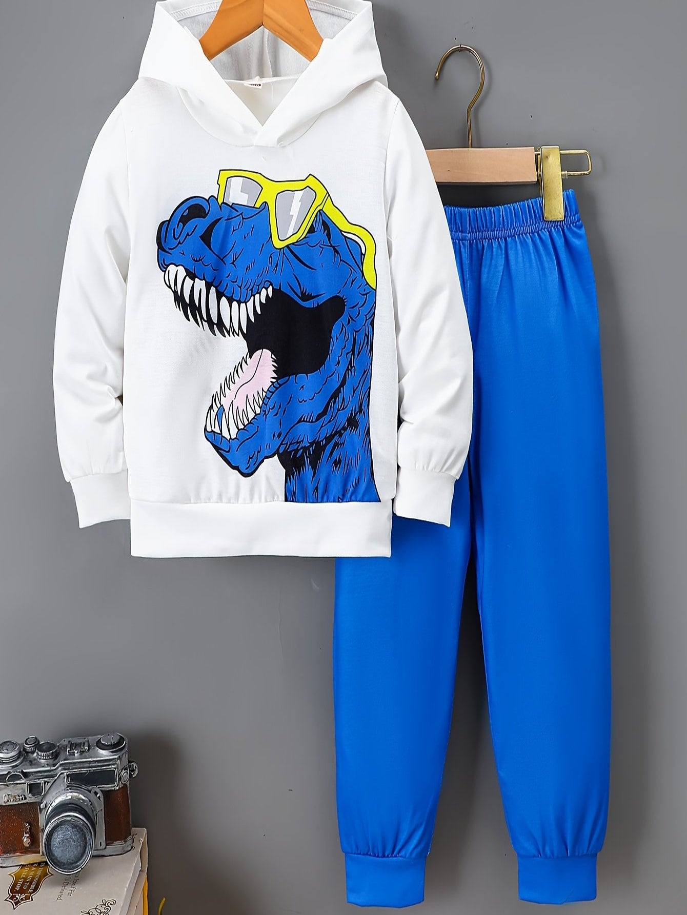 2-teiliges Pullover- und Jogginganzug-Set für Jungen mit Cartoon-Dinosaurier-Aufdruck, lässiger Langarm-Kapuzenpullover mit Hose, bequemer Strickstoff, Tiermuster, normaler Schnitt, Outdoor-Sportbekleidung für Frühling, Herbst