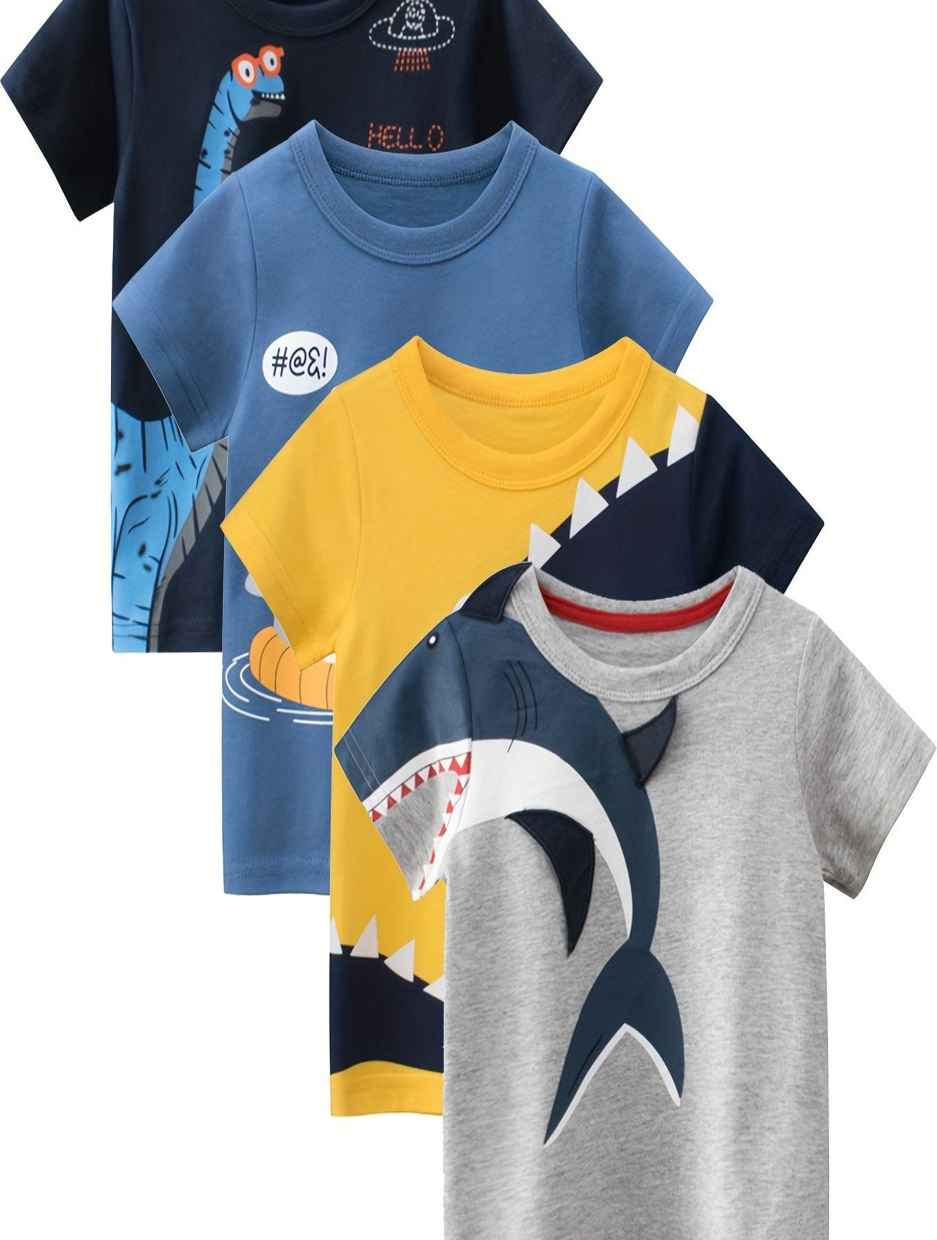 4 Stück süßes Cartoon-T-Shirt mit Hai- und Dinosaurier-Aufdruck für Jungen, lässig, cool und kurzärmlig