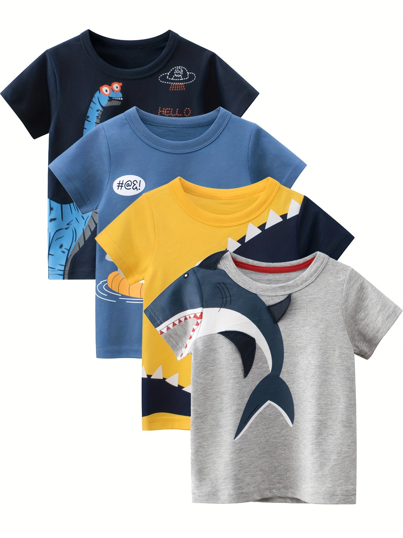 4 Stück süßes Cartoon-T-Shirt mit Hai- und Dinosaurier-Aufdruck für Jungen, lässig, cool und kurzärmlig