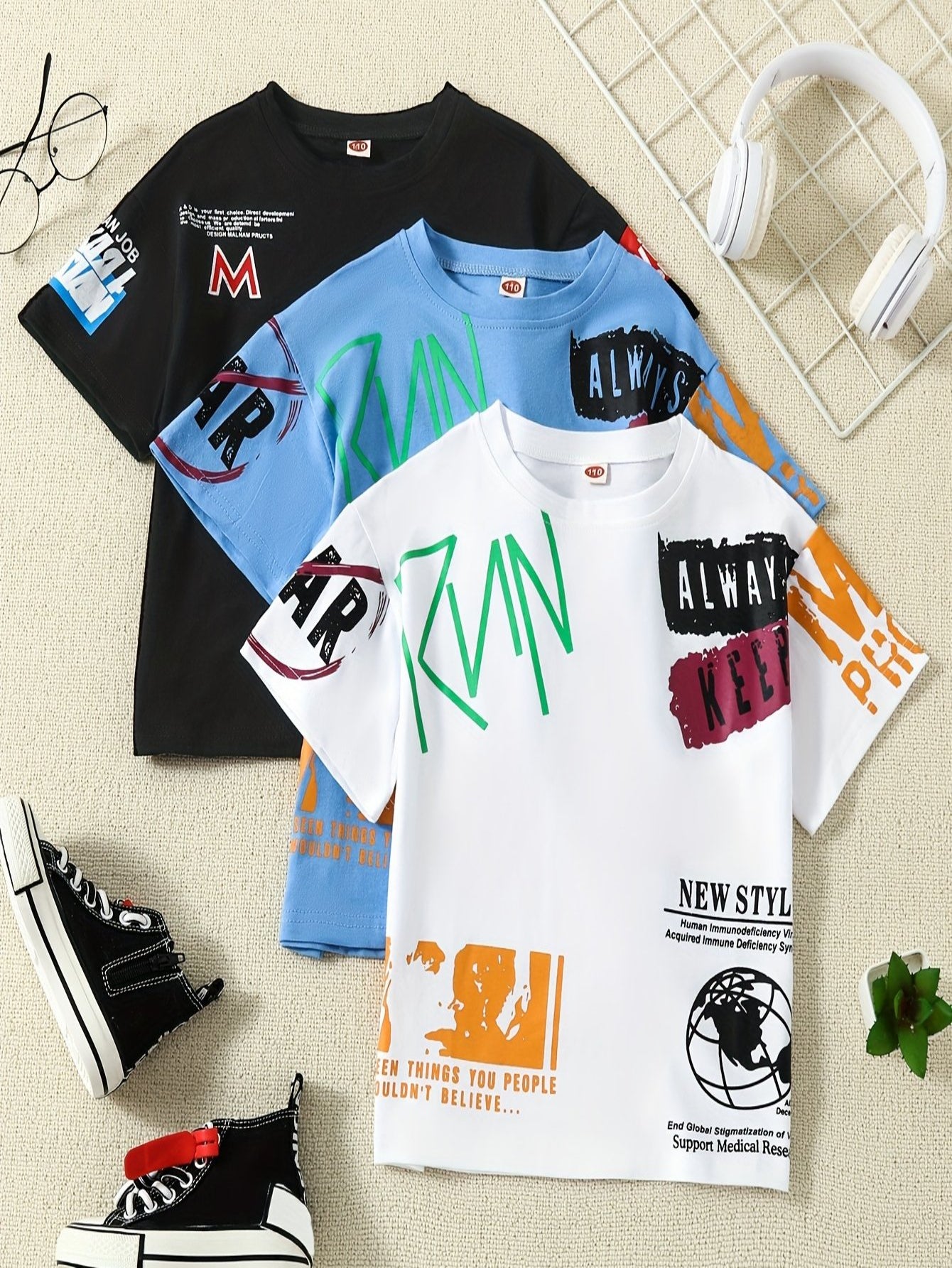 3-teiliges Baumwoll-T-Shirt für Jungen – süße Cartoon-Drucke, bequeme und lässige Sommer-T-Shirts