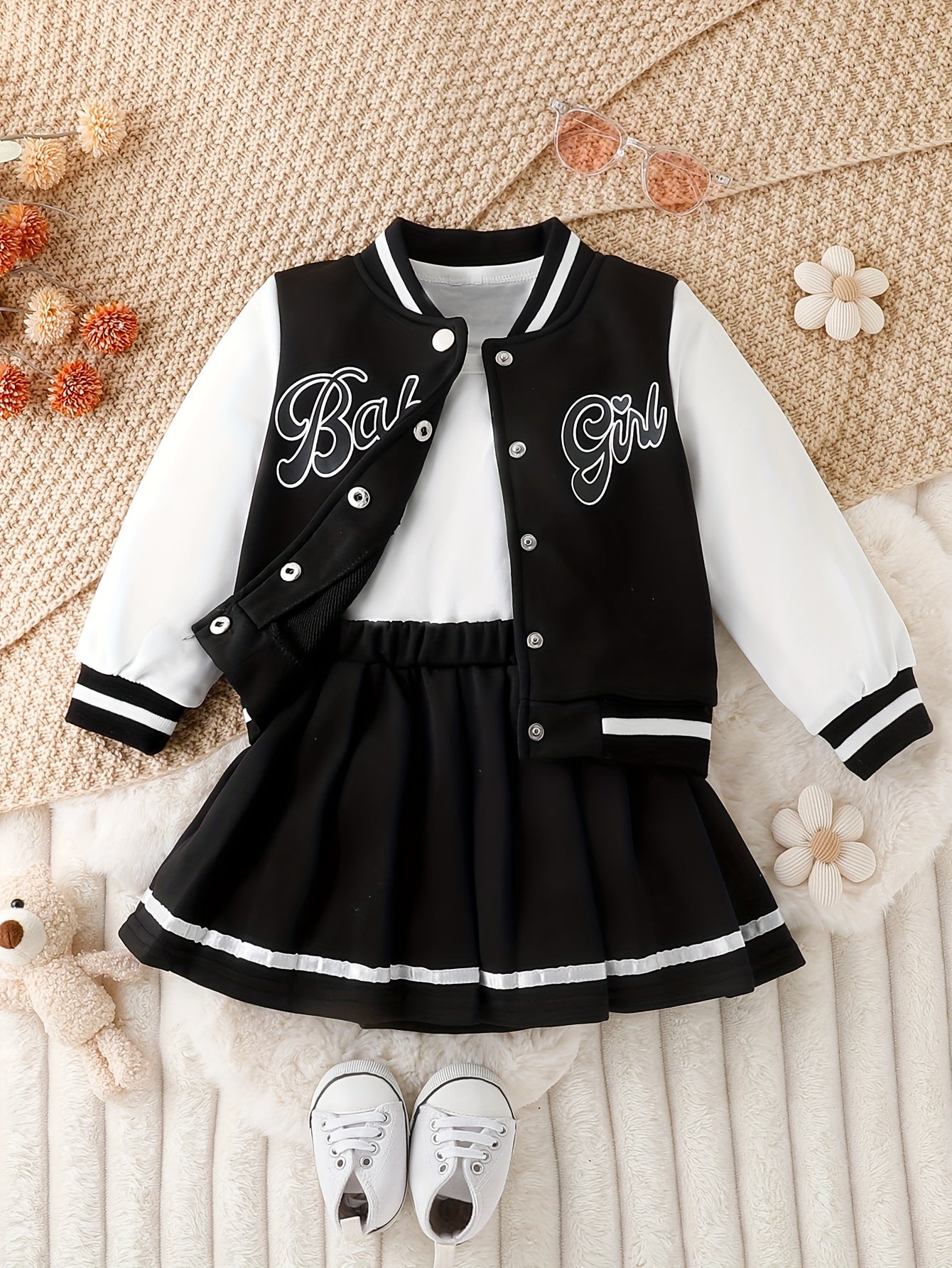 Preppy Stil Mädchen 2 stücke BABY Gedruckt Baseball Jacke + Falten Rock Set