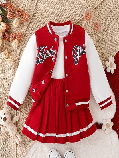 Preppy Stil Mädchen 2 stücke BABY Gedruckt Baseball Jacke + Falten Rock Set