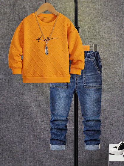 Langarm-Sweatshirt für Jungen in Orange mit Rundhalsausschnitt, modisches Oberteil mit britischem Aufdruck, Herbst, neues lässiges Jeans-Set, zweiteilig