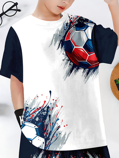 Sommerliches Freizeitkleidungsset für Jungen: 2-teiliges Set aus kurzärmligem T-Shirt und Shorts mit Fußballmotiv – bequeme Polyestermischung, maschinenwaschbar, dehnbarer Stoff, Rundhalsausschnitt, blickdicht – perfekt für Freizeit und Spiele im Freien.