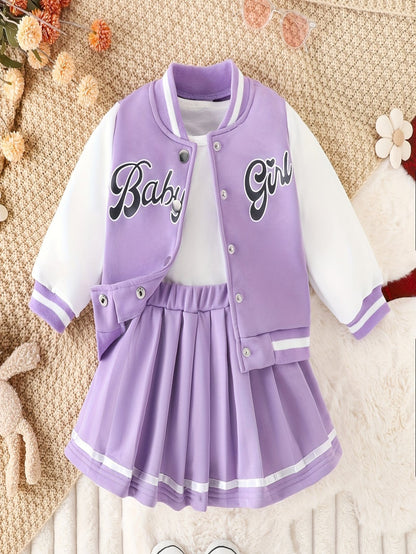 Preppy Stil Mädchen 2 stücke BABY Gedruckt Baseball Jacke + Falten Rock Set