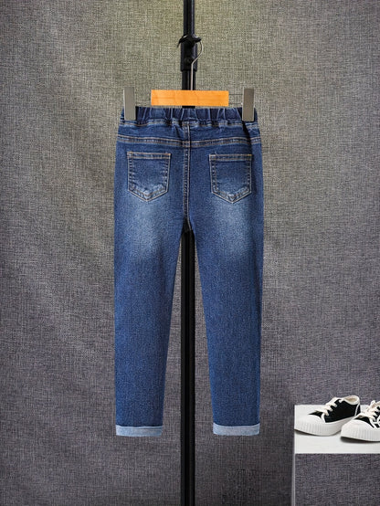 Langarm-Sweatshirt für Jungen in Orange mit Rundhalsausschnitt, modisches Oberteil mit britischem Aufdruck, Herbst, neues lässiges Jeans-Set, zweiteilig