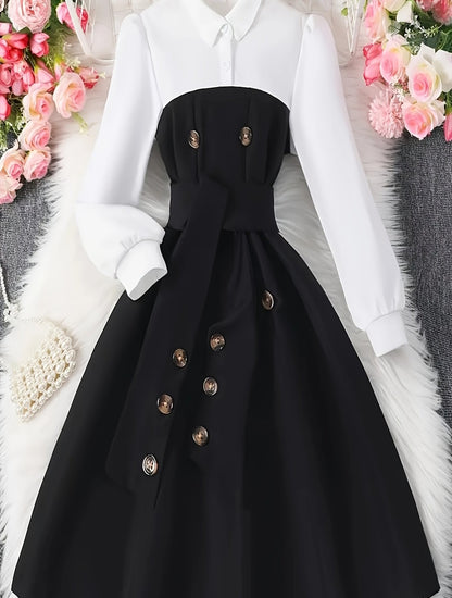 Farbblockkleid für schicke Mädchen mit Gürtel- und Knopfdetails – Schwarz-weißes, elegant geschnittenes Konfektionskleid für die Schule oder den Alltag, saisonale Mode | Kleid mit Taillengürtel | Glänzend