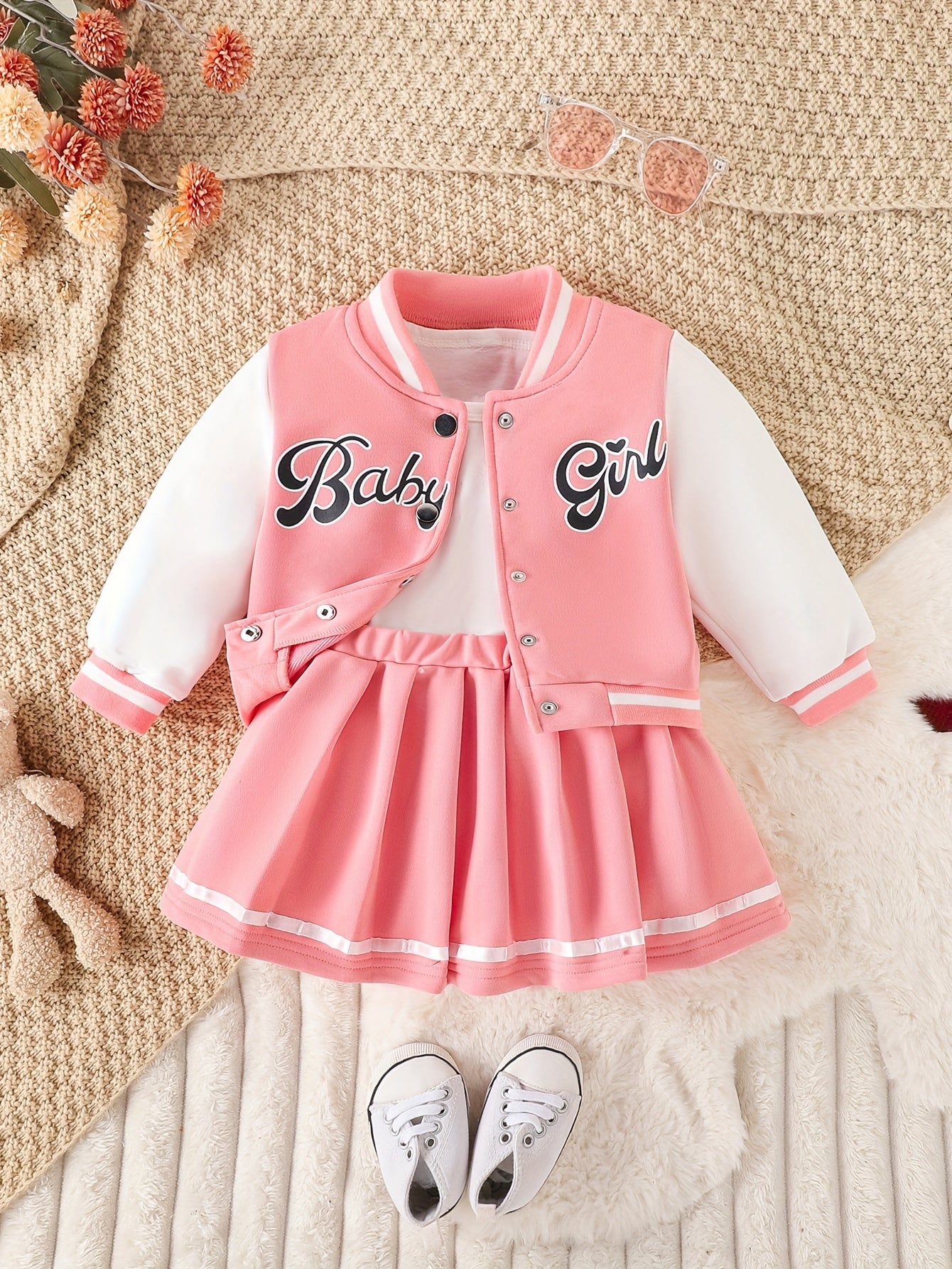 Preppy Stil Mädchen 2 stücke BABY Gedruckt Baseball Jacke + Falten Rock Set