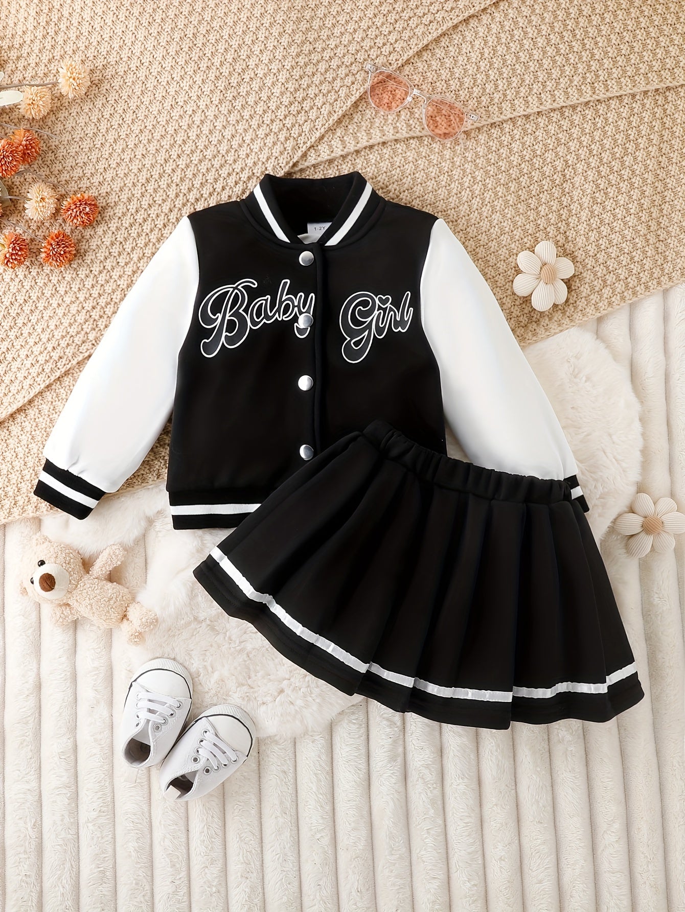 Preppy Stil Mädchen 2 stücke BABY Gedruckt Baseball Jacke + Falten Rock Set