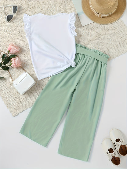 Set im Girls Style mit Kurzarm und gewebter Hose, Herzdesign, Gürtel und lockerer Passform, ideal für sonnige Tage
