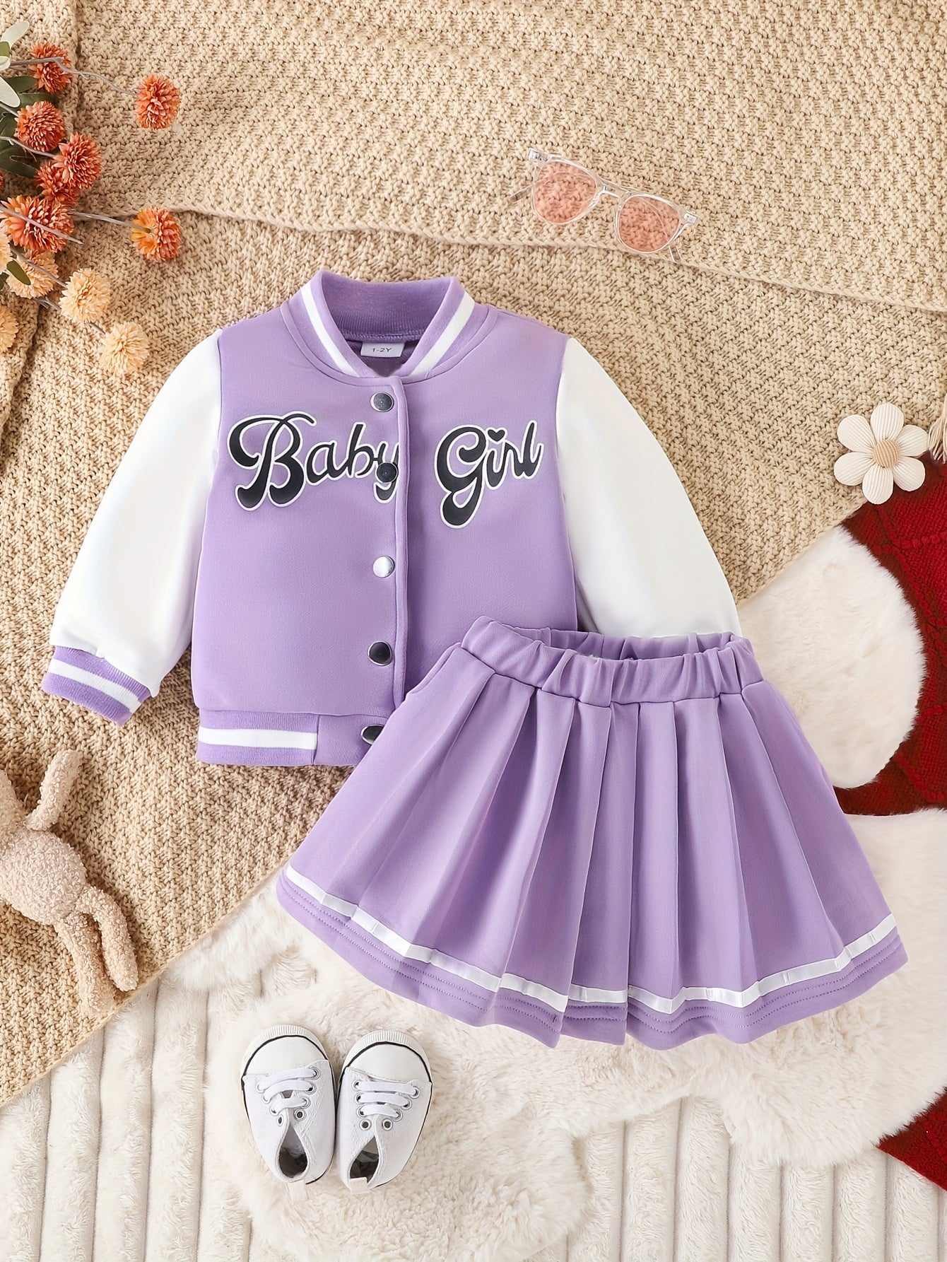 Preppy Stil Mädchen 2 stücke BABY Gedruckt Baseball Jacke + Falten Rock Set