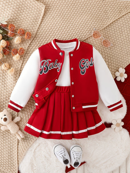 Preppy Stil Mädchen 2 stücke BABY Gedruckt Baseball Jacke + Falten Rock Set