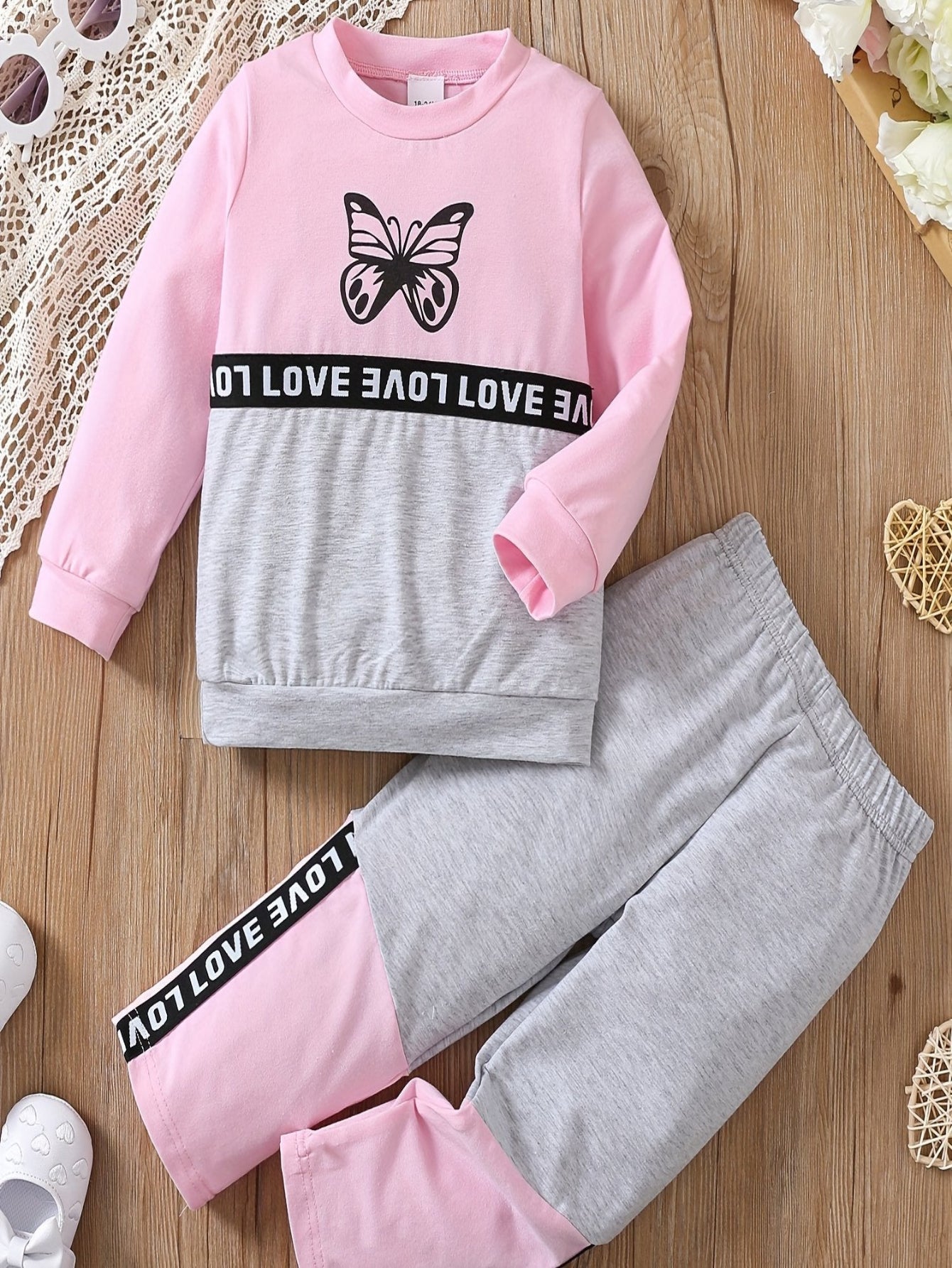 2-teiliges Set, Langarmpullover mit Schmetterlingsmuster, Baumwollmischung, Rundhalsausschnitt, dehnbarer Stoff, normale Passform, modisches Outfit für Frühling/Herbst, Strickmaterial, Baumwoll- und Polyestermischung