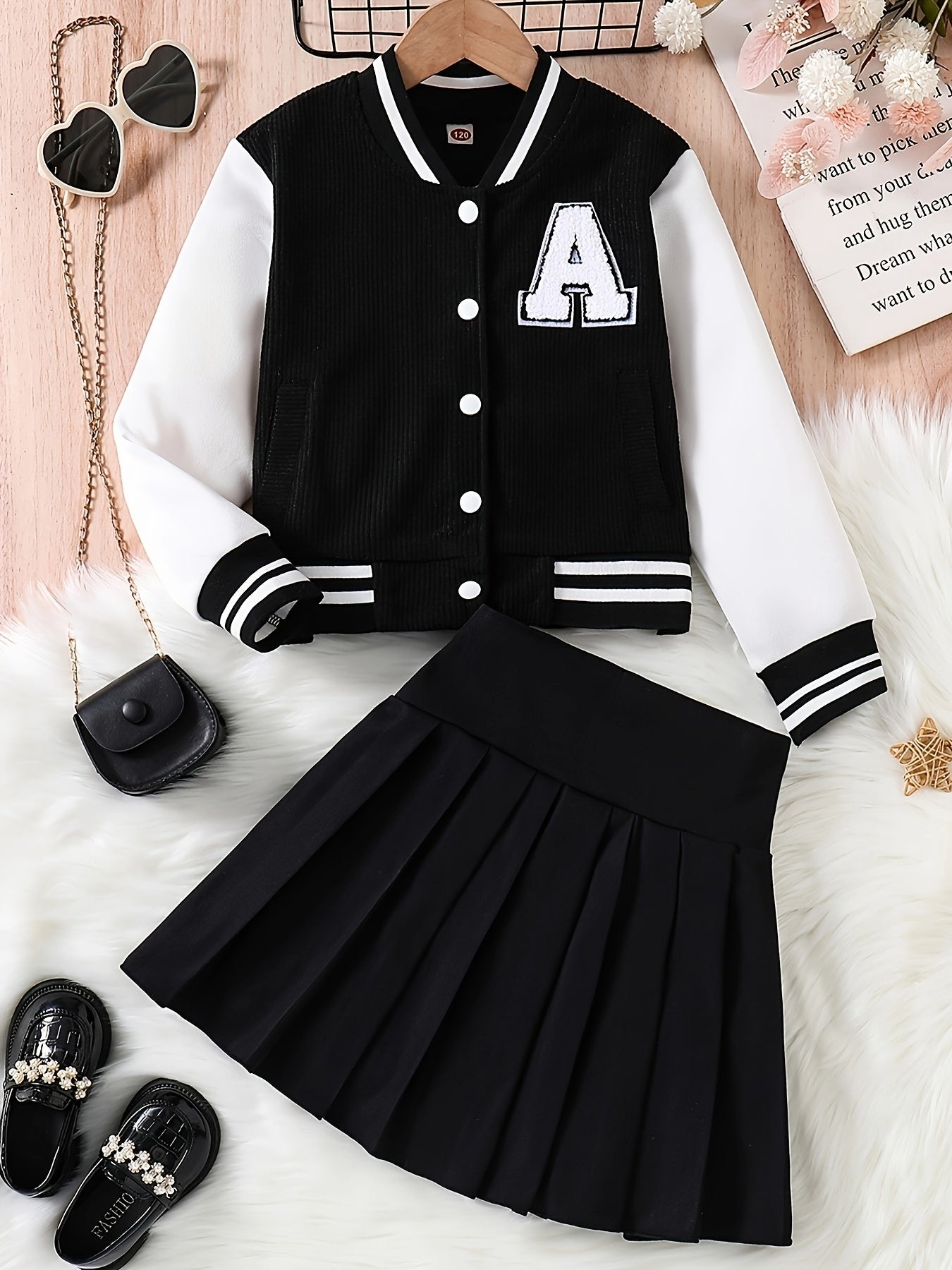 2-in-1 Preppy-Outfit-Set für Frühling/Herbst: Set aus Baseballjacke mit bestickten Buchstaben und Faltenrock – Polyester, V-Ausschnitt, nicht dehnbar, lockere Passform, gewebt