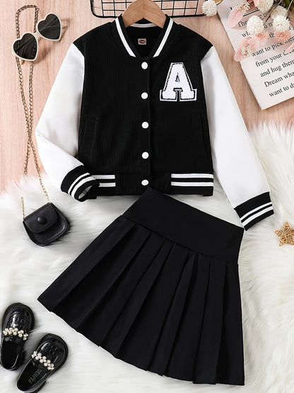 2-in-1 Preppy-Outfit-Set für Frühling/Herbst: Set aus Baseballjacke mit bestickten Buchstaben und Faltenrock – Polyester, V-Ausschnitt, nicht dehnbar, lockere Passform, gewebt
