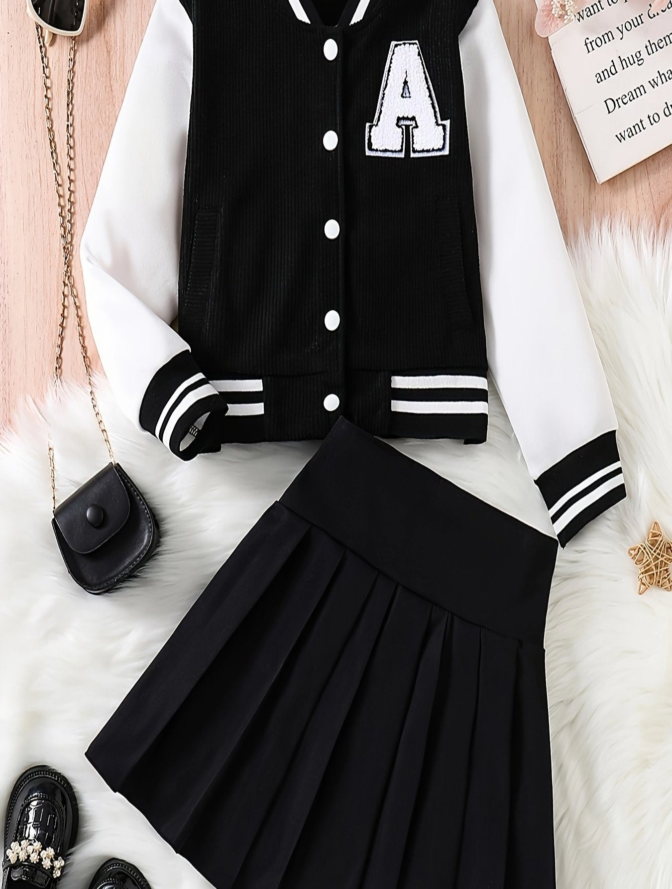 2-in-1 Preppy-Outfit-Set für Frühling/Herbst: Set aus Baseballjacke mit bestickten Buchstaben und Faltenrock – Polyester, V-Ausschnitt, nicht dehnbar, lockere Passform, gewebt