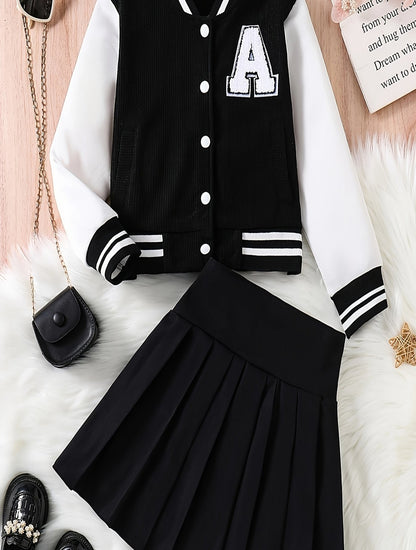 2-in-1 Preppy-Outfit-Set für Frühling/Herbst: Set aus Baseballjacke mit bestickten Buchstaben und Faltenrock – Polyester, V-Ausschnitt, nicht dehnbar, lockere Passform, gewebt