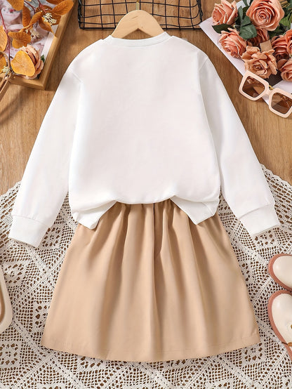 Tween Girls Mädchen Buchstabenmusterdruck Rundhalsausschnitt Langarm + Herbst und Winter einfarbiger vielseitiger Faltenrock mit Schleife