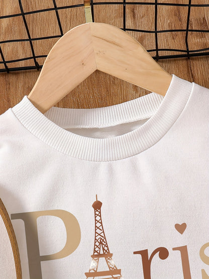 Tween Girls Mädchen Buchstabenmusterdruck Rundhalsausschnitt Langarm + Herbst und Winter einfarbiger vielseitiger Faltenrock mit Schleife