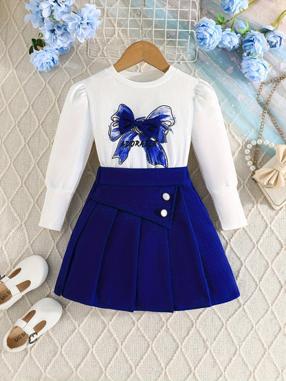 Herbstliches Langarm-Oberteil mit Ballonärmeln, Fliege und Faltenrock-Set.