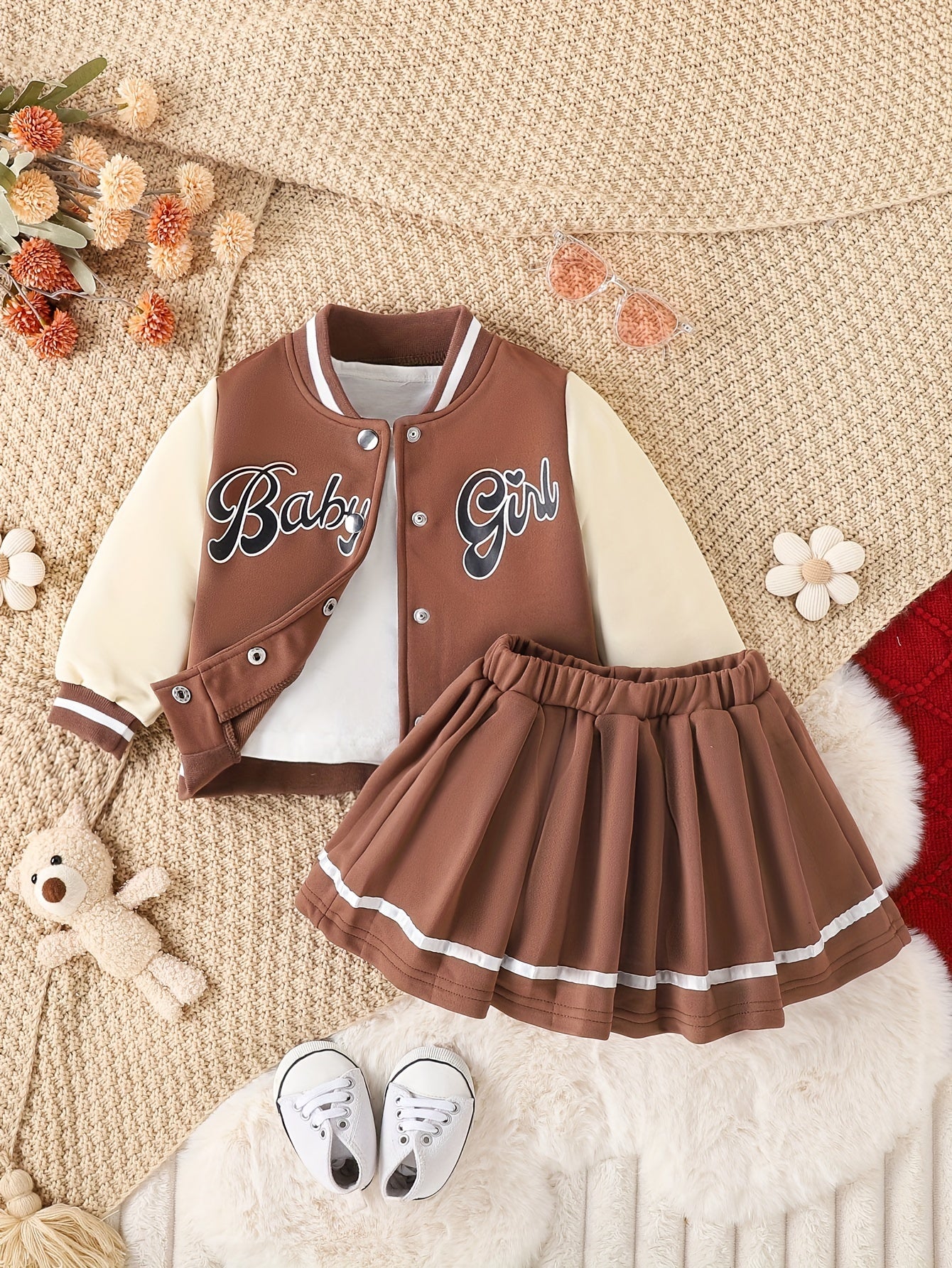 Preppy Stil Mädchen 2 stücke BABY Gedruckt Baseball Jacke + Falten Rock Set