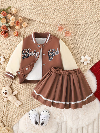 Preppy Stil Mädchen 2 stücke BABY Gedruckt Baseball Jacke + Falten Rock Set