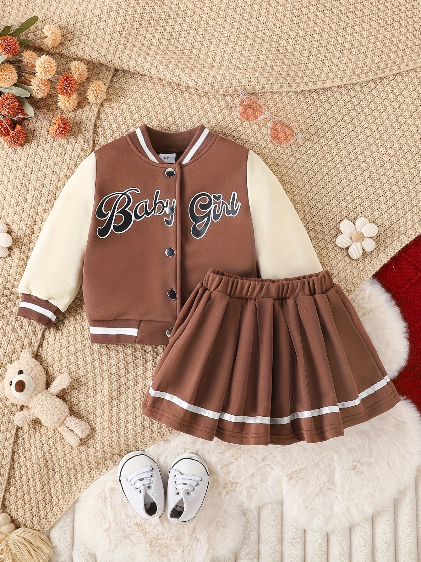 Preppy Stil Mädchen 2 stücke BABY Gedruckt Baseball Jacke + Falten Rock Set