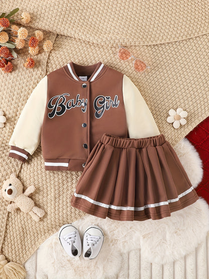 Preppy Stil Mädchen 2 stücke BABY Gedruckt Baseball Jacke + Falten Rock Set