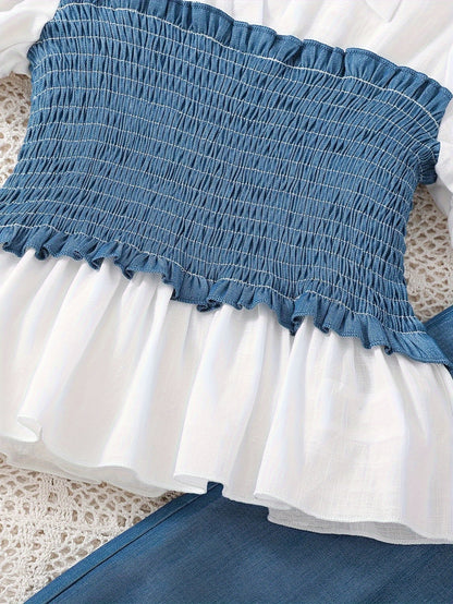 Neues 2-teiliges Set mit Patchwork-Oberteil und Herbst-Jeanshose aus Kunstdenim für Mädchen