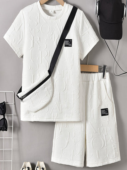 3-teiliges Set Jungen-Outfit Alphabet Jacquard gemustertes T-Shirt Tasche und Shorts Sommerkleidung für Jungen