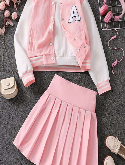 2-in-1 Preppy-Outfit-Set für Frühling/Herbst: Set aus Baseballjacke mit bestickten Buchstaben und Faltenrock – Polyester, V-Ausschnitt, nicht dehnbar, lockere Passform, gewebt