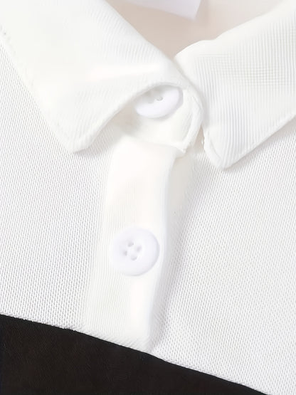 Farbblockkleid für schicke Mädchen mit Gürtel- und Knopfdetails – Schwarz-weißes, elegant geschnittenes Konfektionskleid für die Schule oder den Alltag, saisonale Mode | Kleid mit Taillengürtel | Glänzend