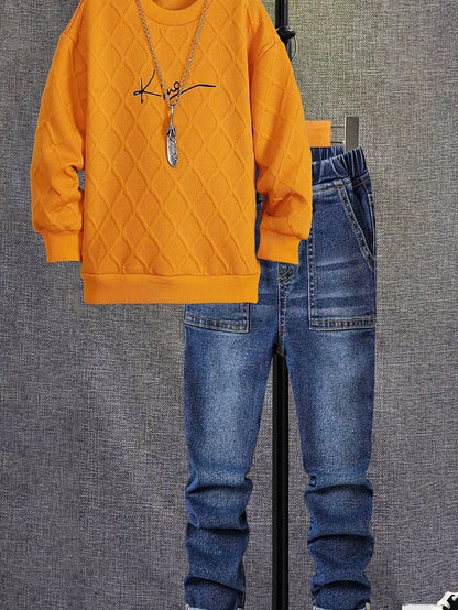 Langarm-Sweatshirt für Jungen in Orange mit Rundhalsausschnitt, modisches Oberteil mit britischem Aufdruck, Herbst, neues lässiges Jeans-Set, zweiteilig