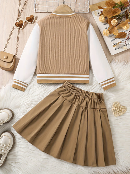 2-in-1 Preppy-Outfit-Set für Frühling/Herbst: Set aus Baseballjacke mit bestickten Buchstaben und Faltenrock – Polyester, V-Ausschnitt, nicht dehnbar, lockere Passform, gewebt