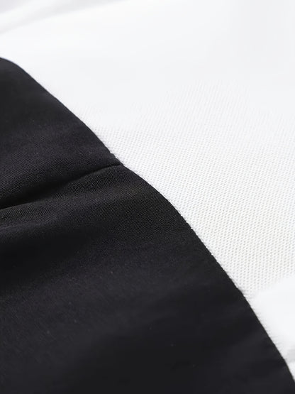 Farbblockkleid für schicke Mädchen mit Gürtel- und Knopfdetails – Schwarz-weißes, elegant geschnittenes Konfektionskleid für die Schule oder den Alltag, saisonale Mode | Kleid mit Taillengürtel | Glänzend