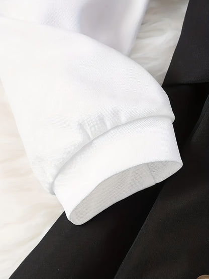 Farbblockkleid für schicke Mädchen mit Gürtel- und Knopfdetails – Schwarz-weißes, elegant geschnittenes Konfektionskleid für die Schule oder den Alltag, saisonale Mode | Kleid mit Taillengürtel | Glänzend