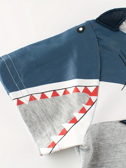 4 Stück süßes Cartoon-T-Shirt mit Hai- und Dinosaurier-Aufdruck für Jungen, lässig, cool und kurzärmlig