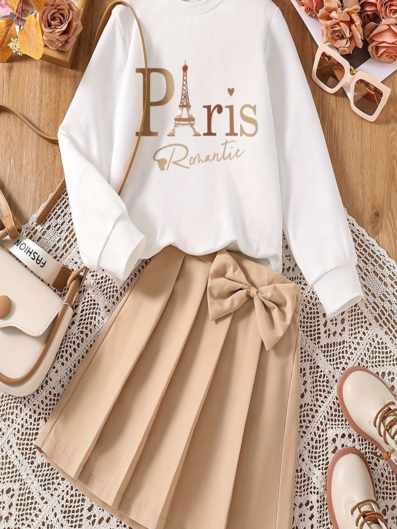 Tween Girls Mädchen Buchstabenmusterdruck Rundhalsausschnitt Langarm + Herbst und Winter einfarbiger vielseitiger Faltenrock mit Schleife