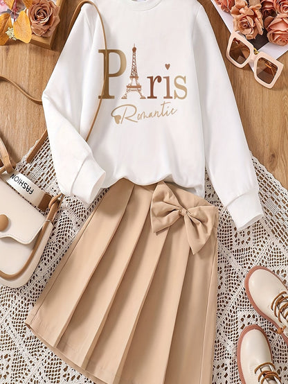 Tween Girls Mädchen Buchstabenmusterdruck Rundhalsausschnitt Langarm + Herbst und Winter einfarbiger vielseitiger Faltenrock mit Schleife