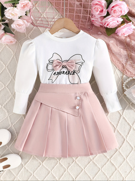 Herbstliches Langarm-Oberteil mit Ballonärmeln, Fliege und Faltenrock-Set.