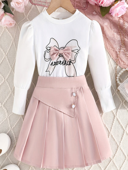 Herbstliches Langarm-Oberteil mit Ballonärmeln, Fliege und Faltenrock-Set.