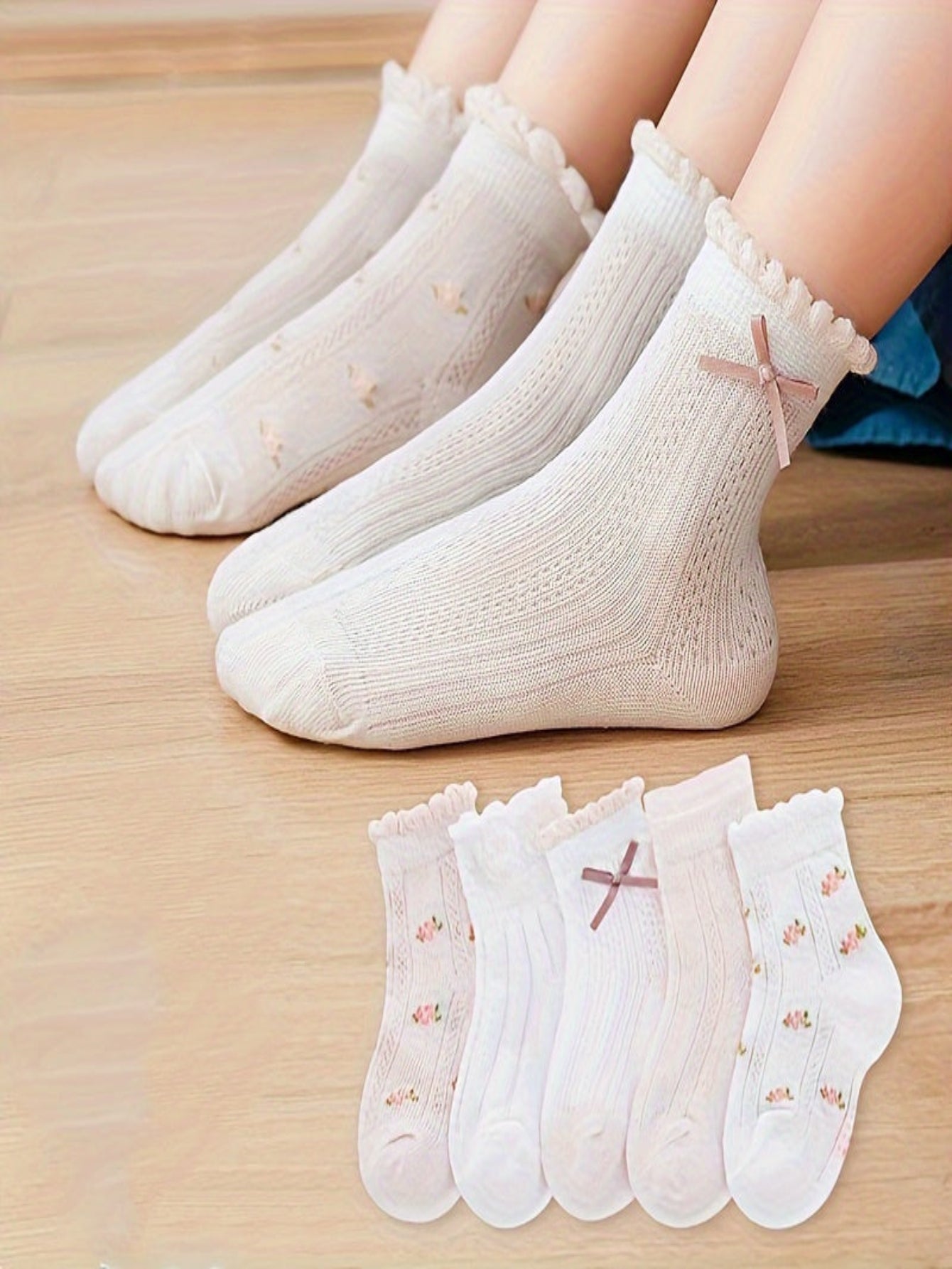 5 Stück süße, atmungsaktive Netzsocken mit Schleife für Mädchen – Blumenmuster, perfekt für den Sommera