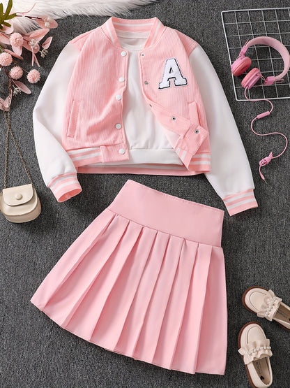 2-in-1 Preppy-Outfit-Set für Frühling/Herbst: Set aus Baseballjacke mit bestickten Buchstaben und Faltenrock – Polyester, V-Ausschnitt, nicht dehnbar, lockere Passform, gewebt