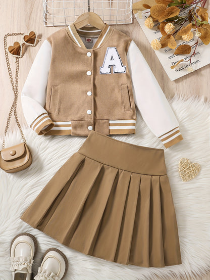 2-in-1 Preppy-Outfit-Set für Frühling/Herbst: Set aus Baseballjacke mit bestickten Buchstaben und Faltenrock – Polyester, V-Ausschnitt, nicht dehnbar, lockere Passform, gewebt