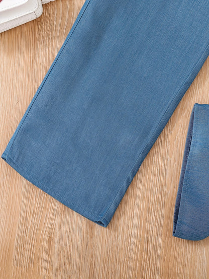 Neues 2-teiliges Set mit Patchwork-Oberteil und Herbst-Jeanshose aus Kunstdenim für Mädchen