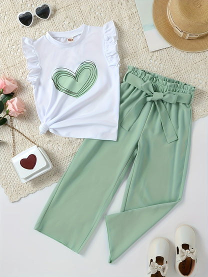 Set im Girls Style mit Kurzarm und gewebter Hose, Herzdesign, Gürtel und lockerer Passform, ideal für sonnige Tage