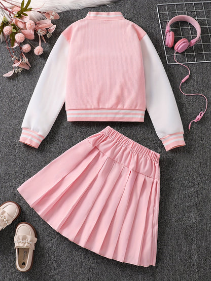 2-in-1 Preppy-Outfit-Set für Frühling/Herbst: Set aus Baseballjacke mit bestickten Buchstaben und Faltenrock – Polyester, V-Ausschnitt, nicht dehnbar, lockere Passform, gewebt